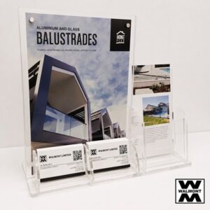 Premium Acrylic Marketing Display Stand with A4 sign holder, two business card holders and DL brochure holder for reception desks and retail counters.