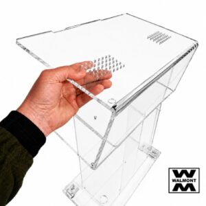WALMONT clear acrylic DJ booth with raised laptop stand and transparent design